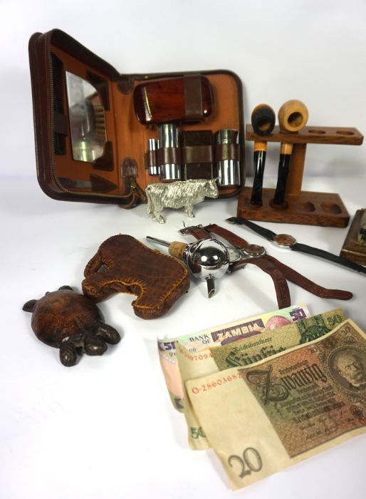 A box of ephemera, including vintage watches, a leather and cast turtle paperweight, pipes and other - Image 2 of 4