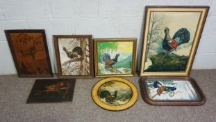 Six assorted pictures of Capercaillie, including an small oil on board of a bird calling from a