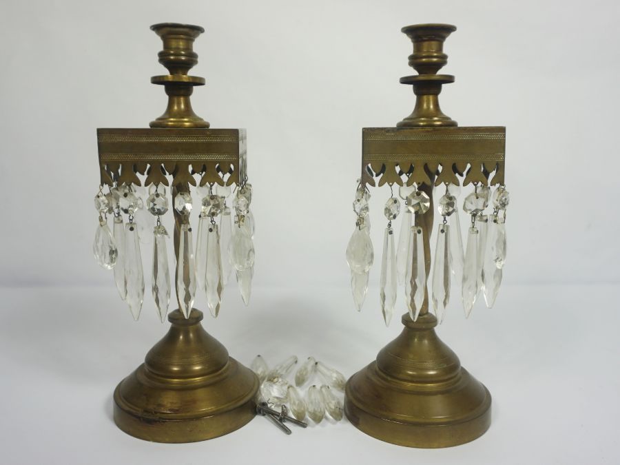 A pair of brass candlestick lustres, in 17th revival, with square collars and suspended clear lustre