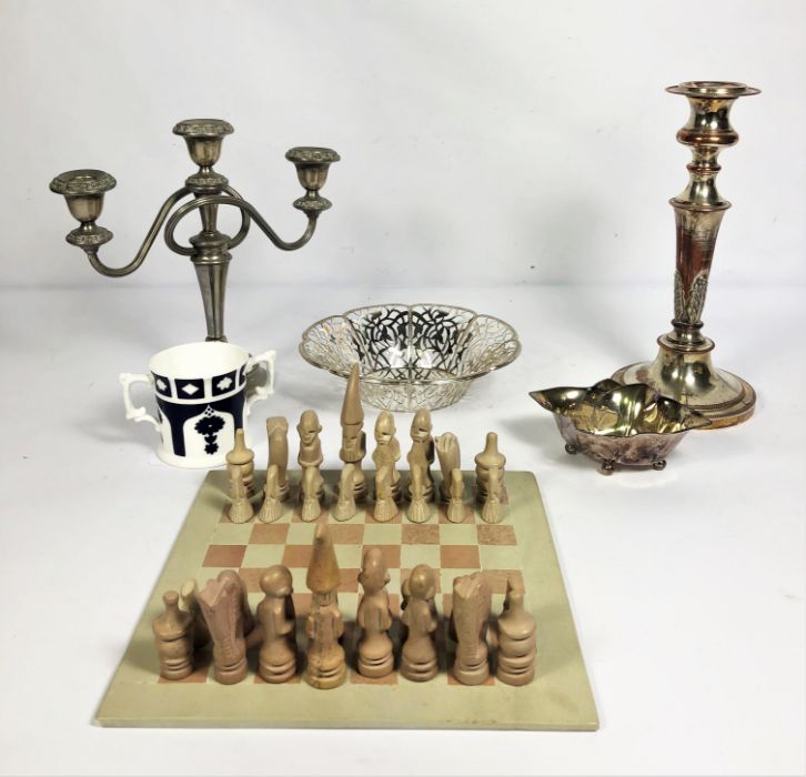 A vintage stone chess set, including board; together with a silver plated candle stick, plated - Image 2 of 6