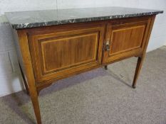 An Edwardian mahogany dressing table, with decorative line inlays, an oval swing mirror and