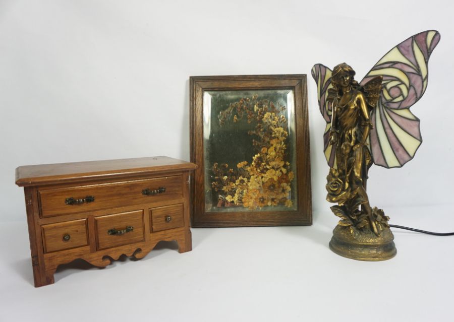 An Art Nouveau style ‘Fairy’ table lamp, with stained glass wings, 40cm high; together with an oak - Image 4 of 8