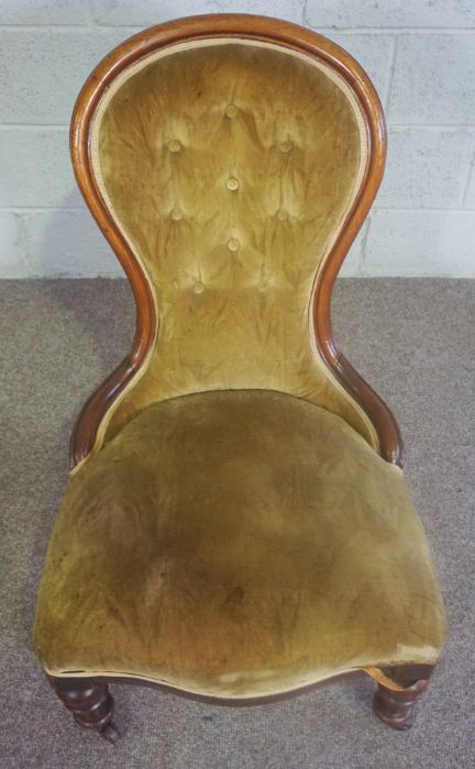 A Victorian mahogany framed spoon-backed nursing chair, circa 1860, currently upholstered in dark - Image 2 of 4