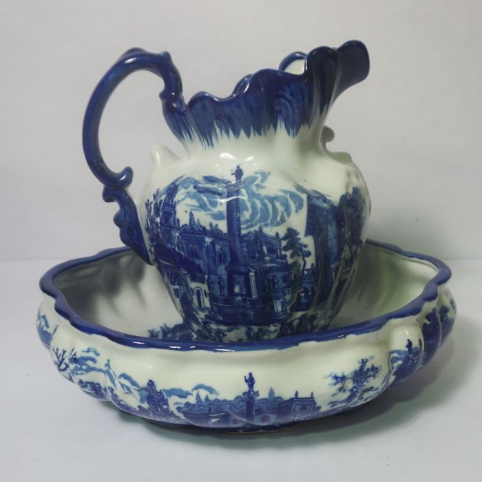 A large Victorian style wash basin and ewer with blue and white classical decoration, bowl 40cm - Image 2 of 8
