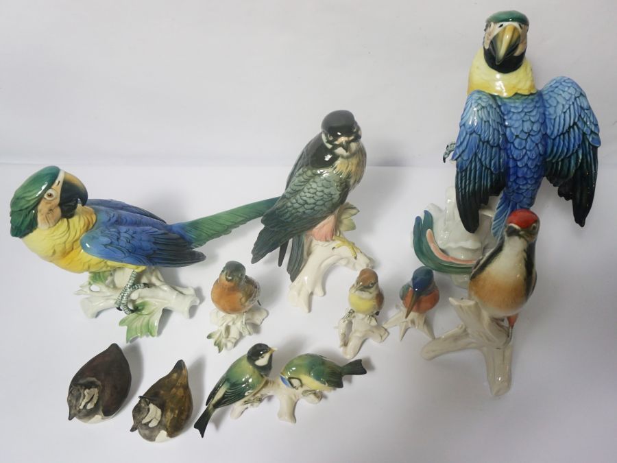 A group of porcelain figures of birds, including a pair of Macaw parrots, a peregrine falcon and a - Image 3 of 4