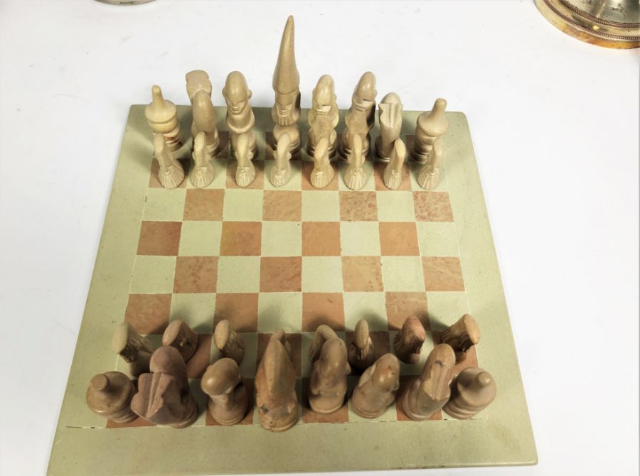 A vintage stone chess set, including board; together with a silver plated candle stick, plated - Image 3 of 6