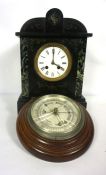 A Victorian slate cased mantel clock and vintage aneroid barometer (2)