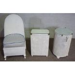 A bathroom Lloyd Loom style laundry basket, another similar and a related bathroom chair (3)