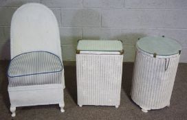 A bathroom Lloyd Loom style laundry basket, another similar and a related bathroom chair (3)