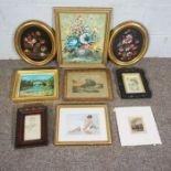 Assorted pictures and prints including a small etching by Alphose Legros, circa 1905, also Victorian