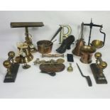 A group of assorted copper and brassware, including a funnel, Art Deco style table lamp and other