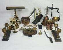 A group of assorted copper and brassware, including a funnel, Art Deco style table lamp and other