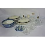An assortment of ceramics, including two Staffordshire covered vegetable tureens; a blue and white