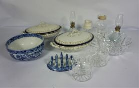 An assortment of ceramics, including two Staffordshire covered vegetable tureens; a blue and white