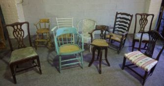 A large assortment of chairs, including a set of six Sheraton reproduction dining chairs, a ladder