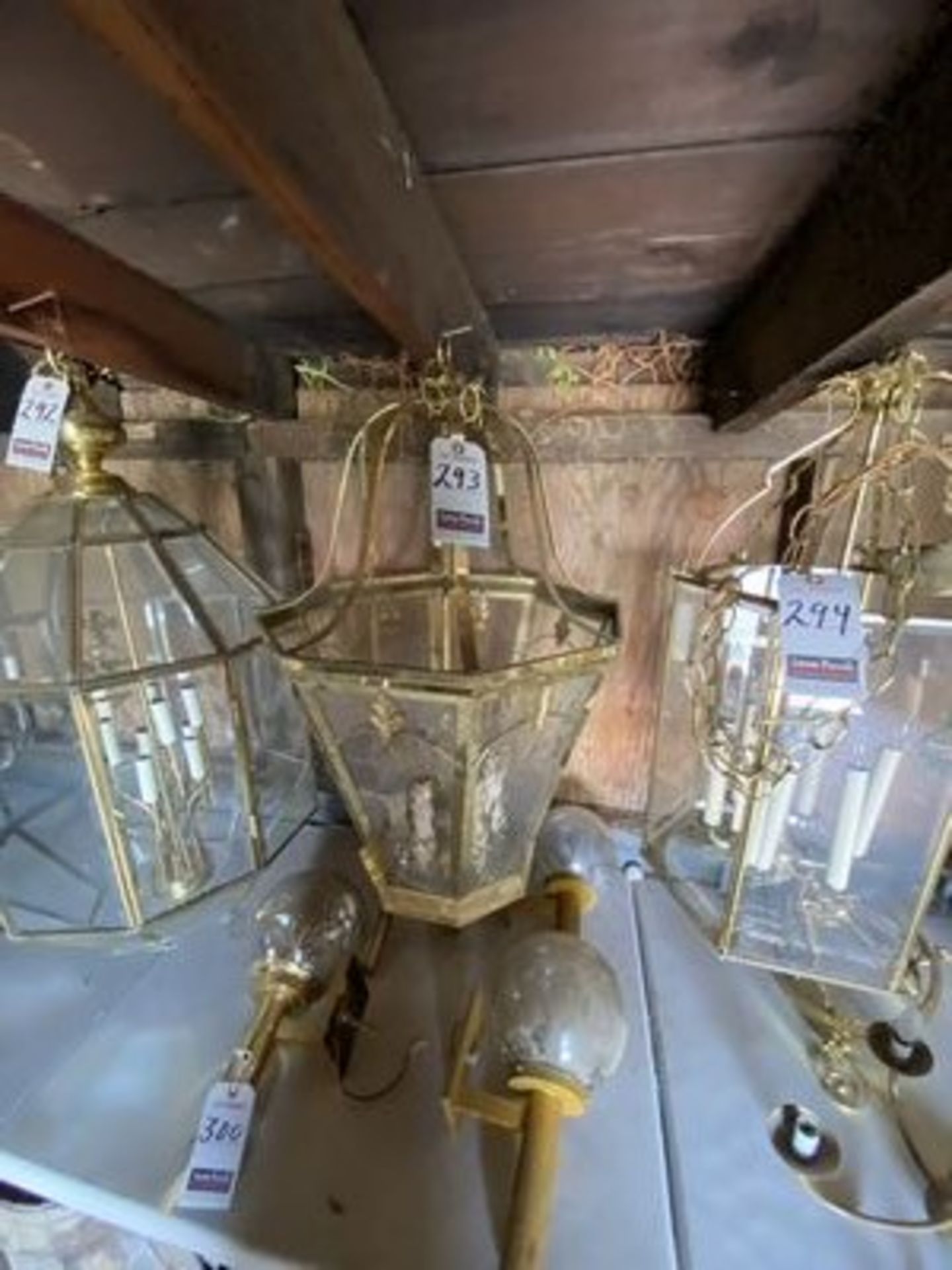 6-LIGHT BRASS & GLASS CHANDELIER