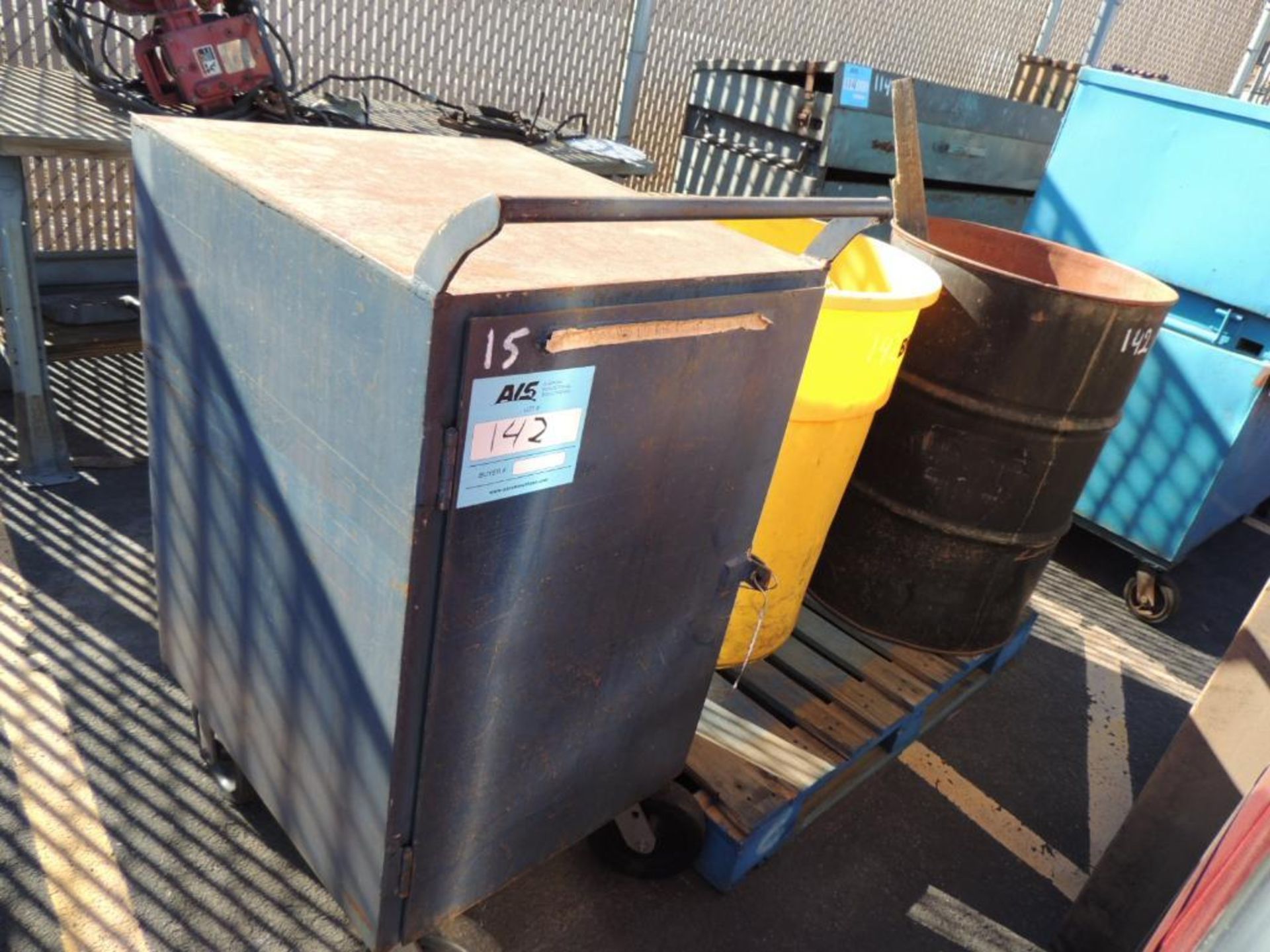 STEEL CABINET ON CASTERS, GARBAGE CAN FULL OF AIR TOOLS & WRENCHES