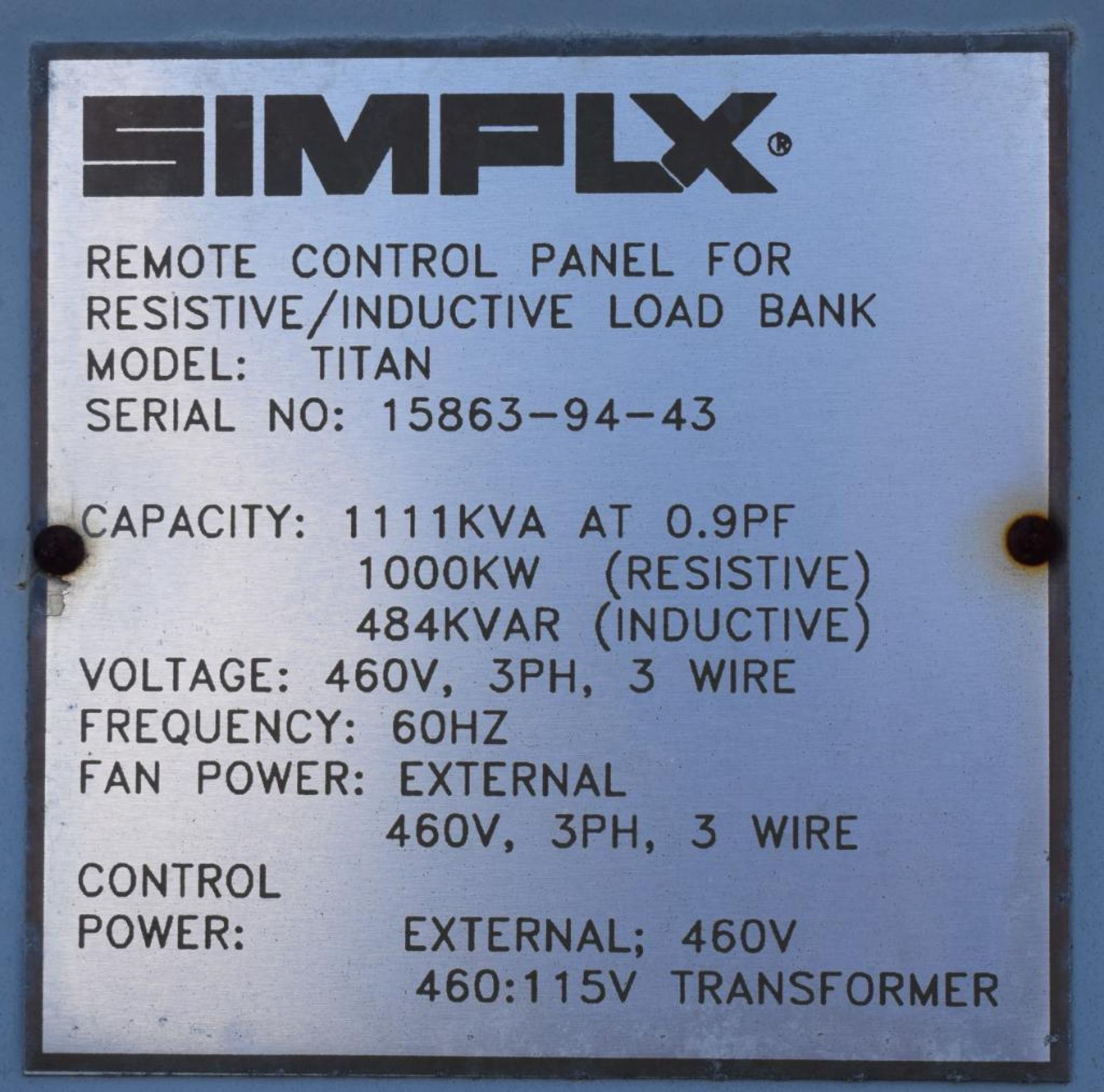 Simplex 1000kw Resistive/Inductive Load Bank, Model Titan, Serial# 15863-94-43. - Image 9 of 9