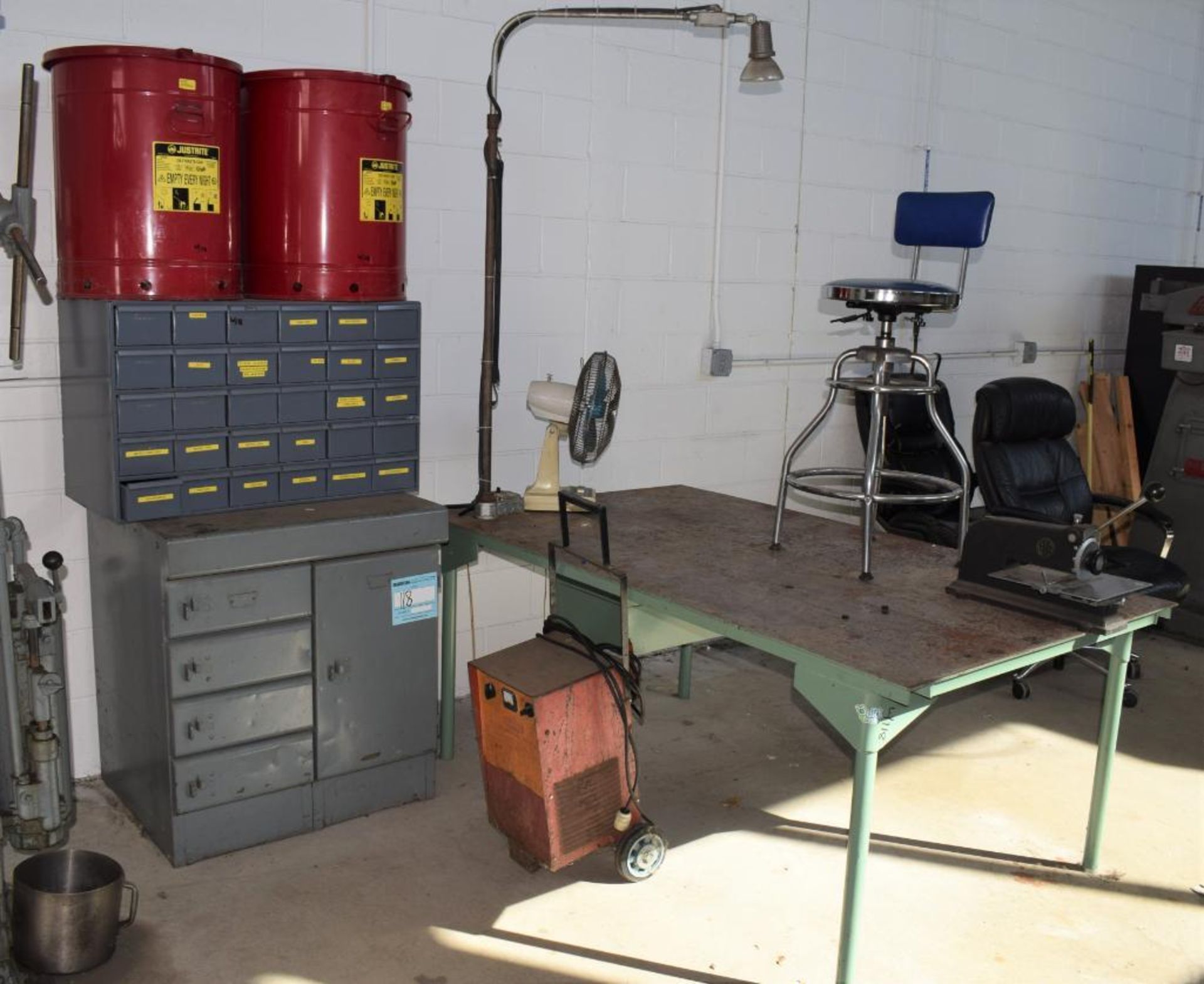 Lot Consisting Of: (1) Metal bench, (1) metal cabinet, (1) metal parts cabinet with contents. With (