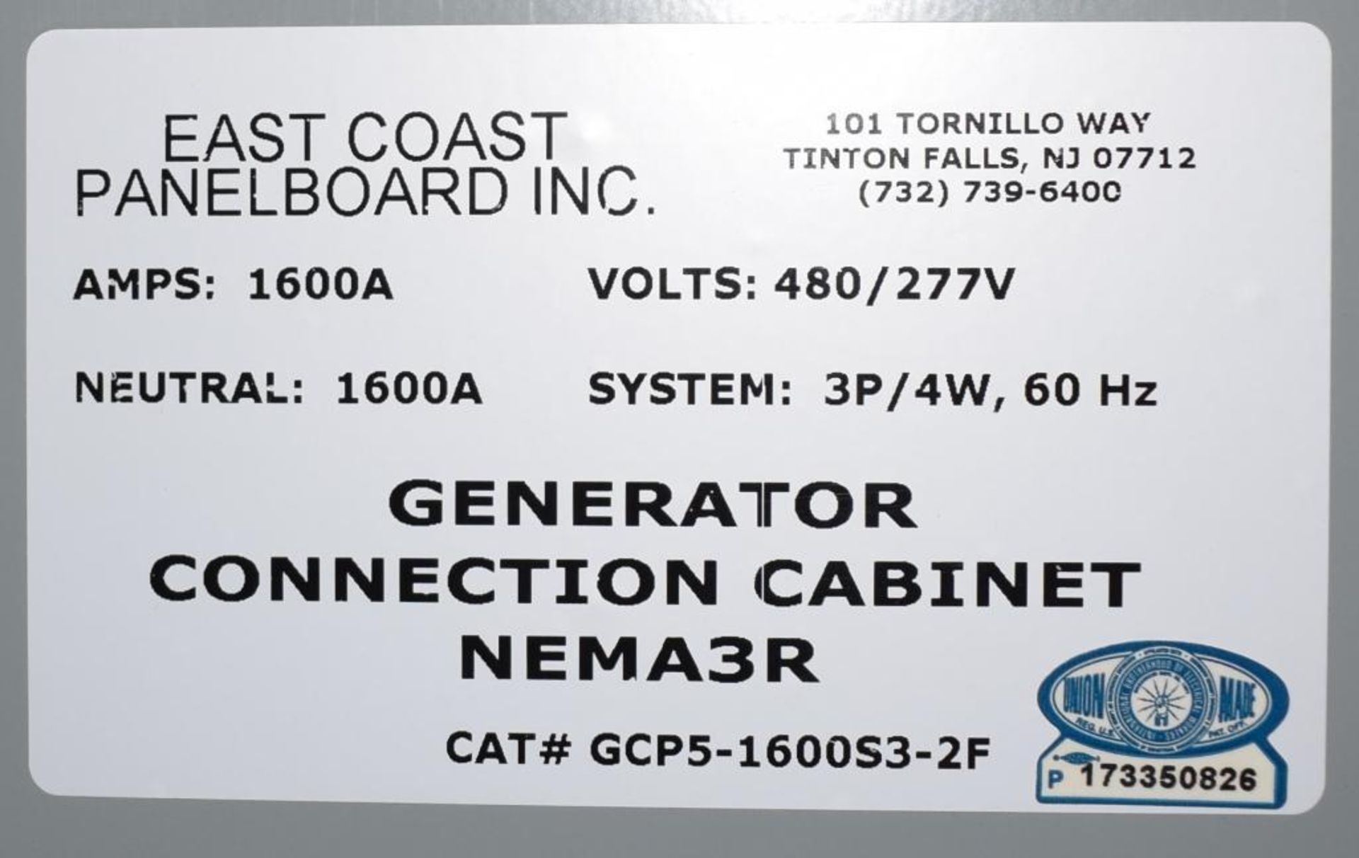 East Coast Panelboard Generator Connection Cabinet, Cat# GCP5-1600S3-2F. Amps 1600A, volts 480/277V, - Image 4 of 6