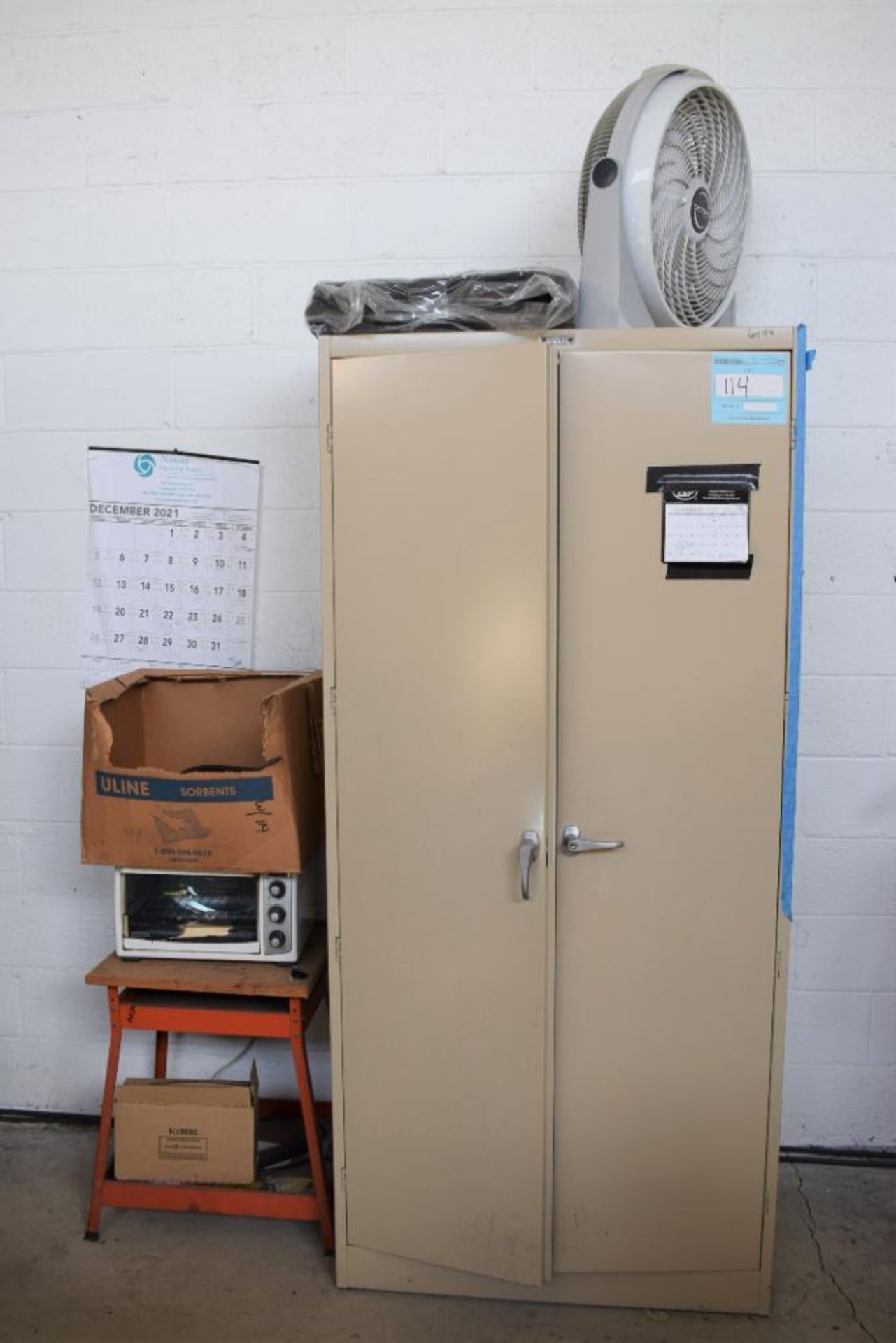 Lot Consisting Of: (1) 2 Door metal cabinet miscellaneous, fan, metal stand, toaster oven, torch, mi