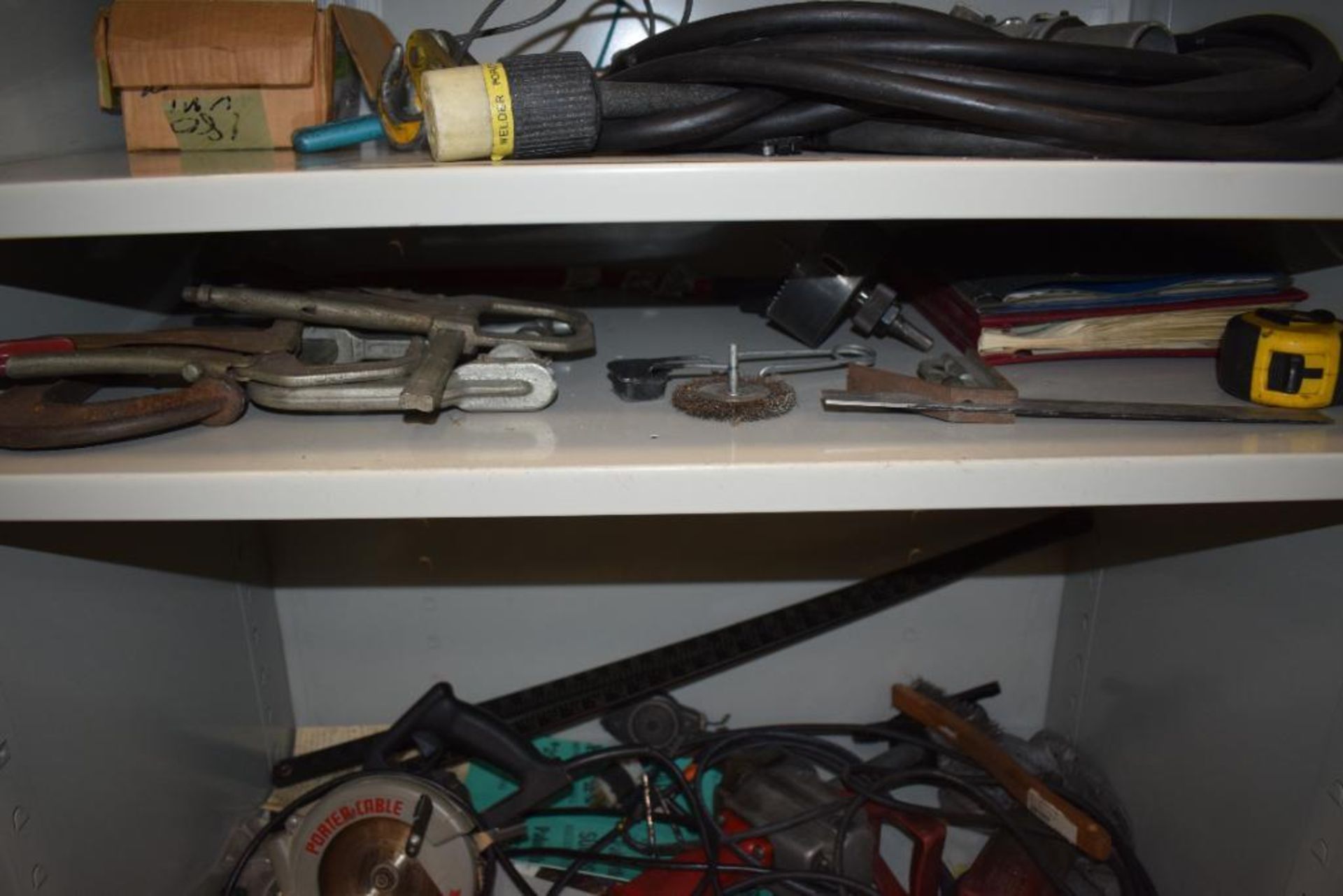 Lot Consisting Of: (1) 2 Door metal cabinets with miscellaneous tools, including saw, batteries, met - Image 4 of 10