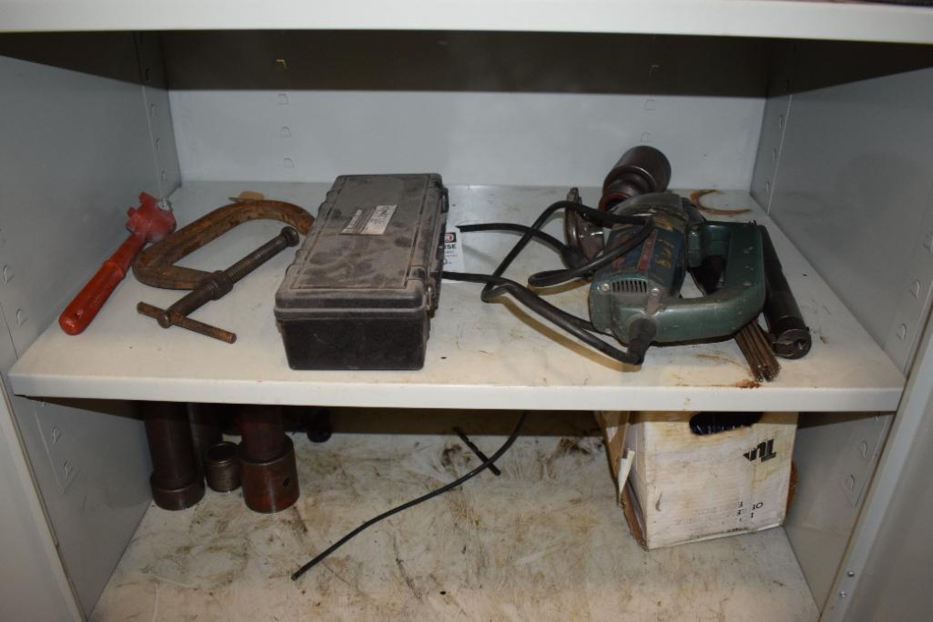 Lot Consisting Of: (1) 2 Door metal cabinets with miscellaneous tools, including saw, batteries, met - Image 6 of 10