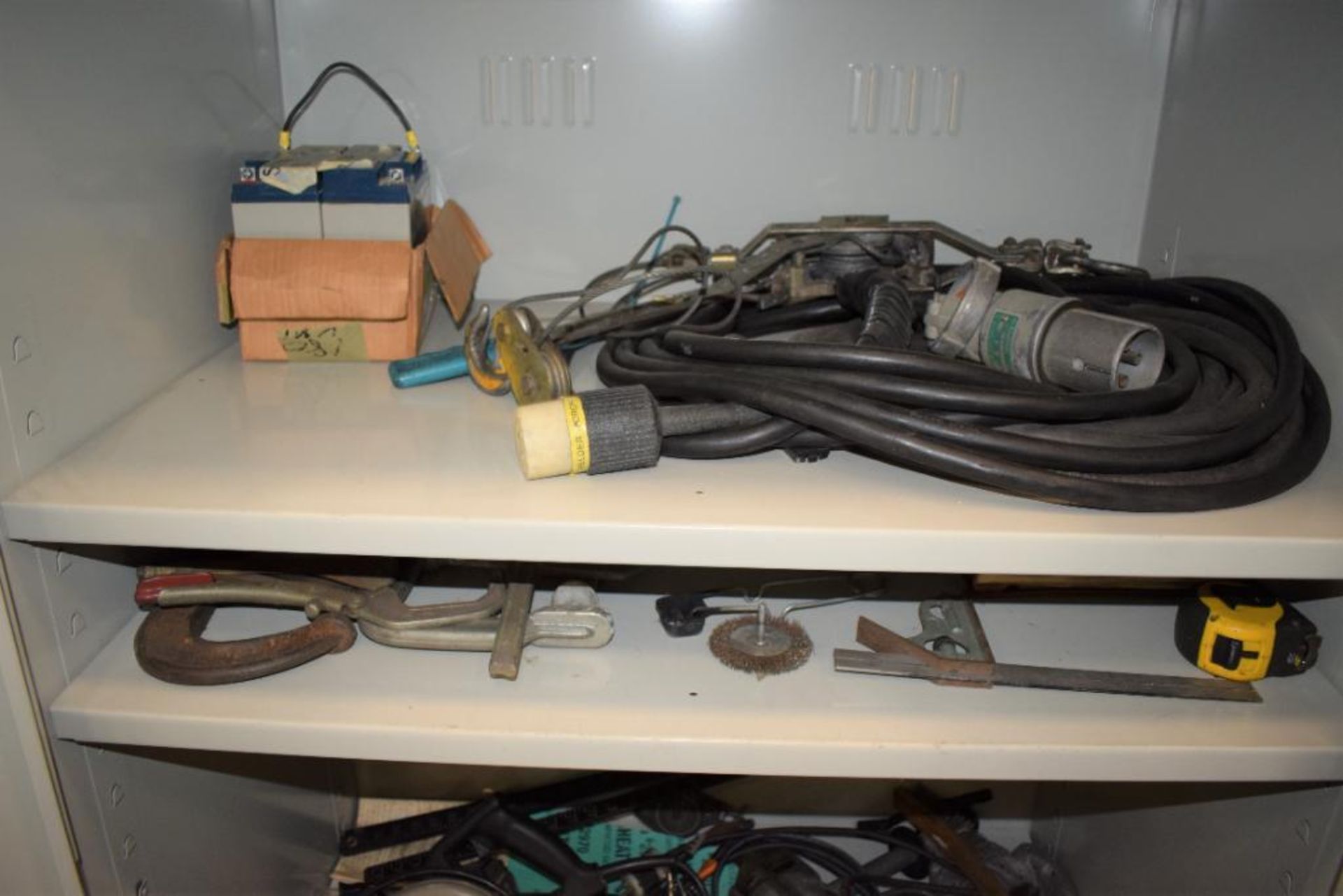 Lot Consisting Of: (1) 2 Door metal cabinets with miscellaneous tools, including saw, batteries, met - Image 3 of 10
