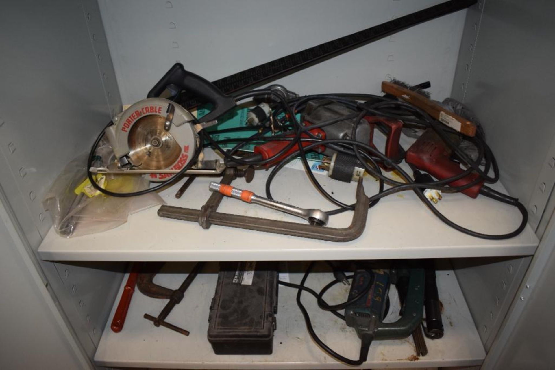Lot Consisting Of: (1) 2 Door metal cabinets with miscellaneous tools, including saw, batteries, met - Image 5 of 10