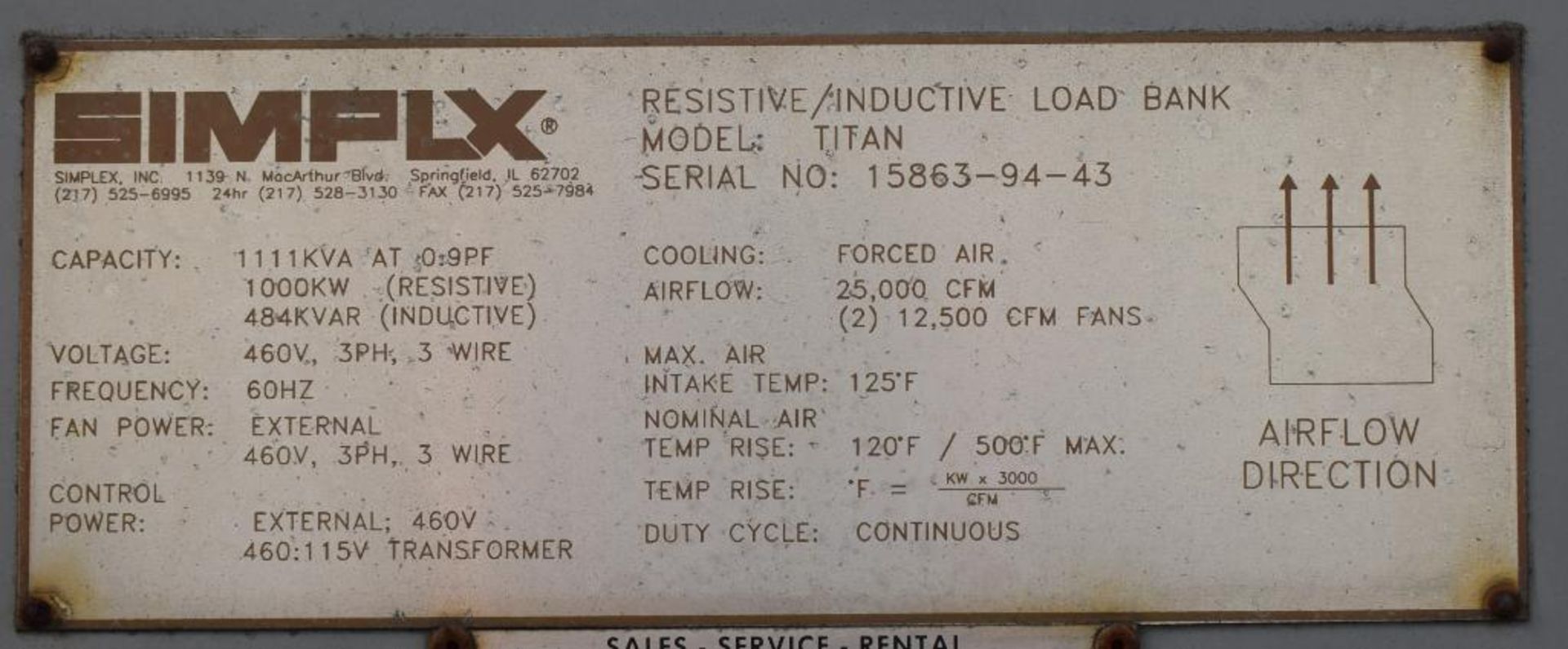 Simplex 1000kw Resistive/Inductive Load Bank, Model Titan, Serial# 15863-94-43. - Image 8 of 9