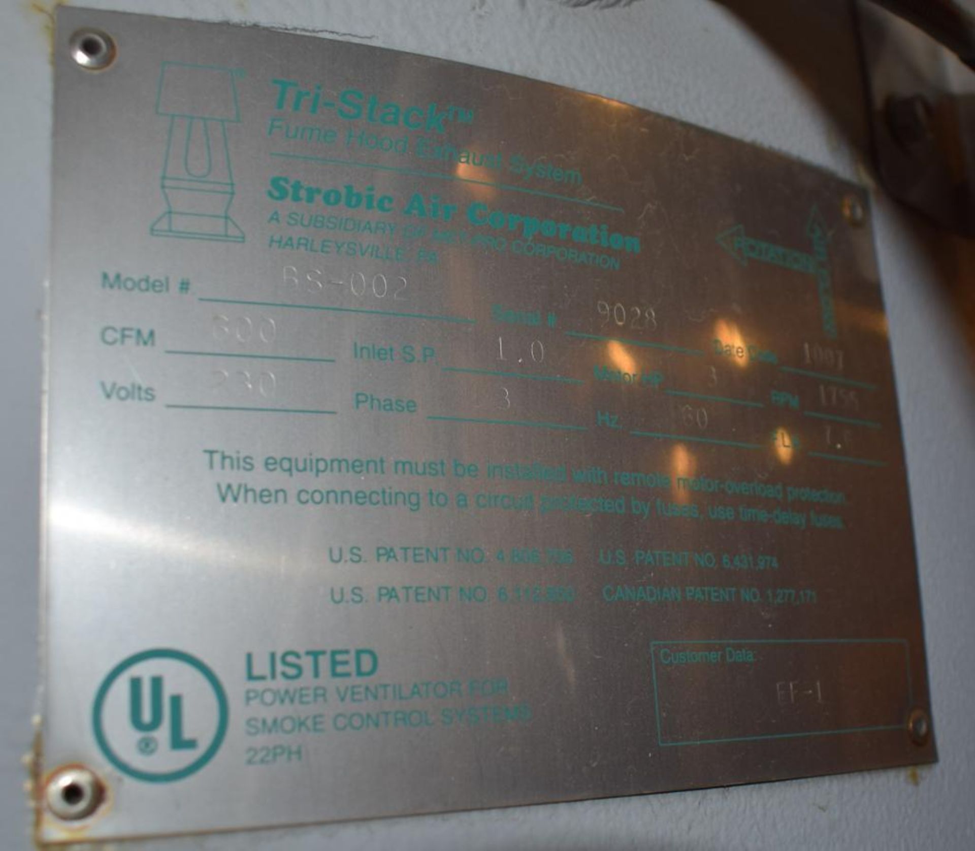 Strobic Air Tri-Stack Fume Hood Exhaust System, Model BS-002. Approximate 600 CFM. Serial# 9028. - Image 3 of 3