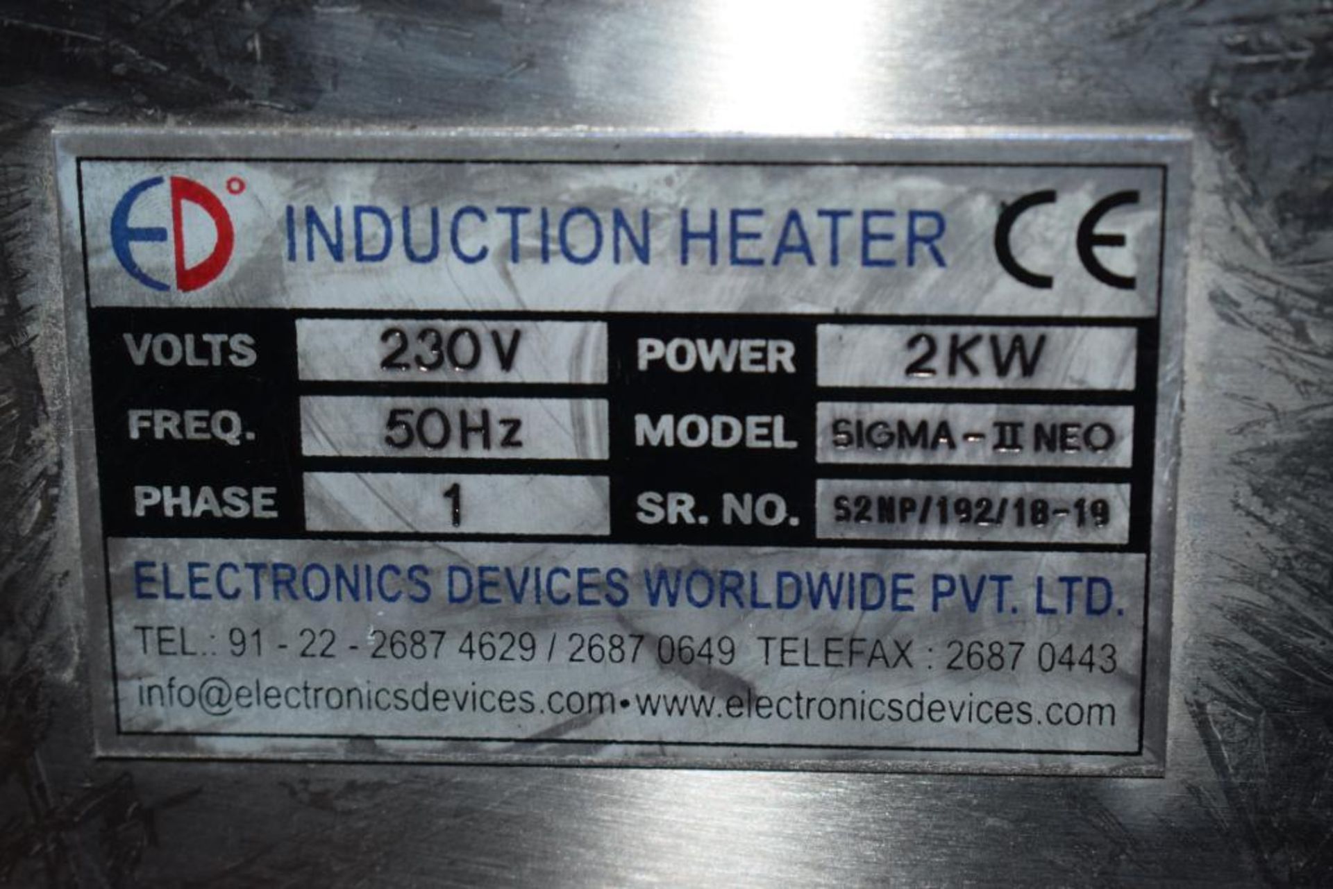 Electronics Devices 2KW Induction Heater, Model Sigma-II NEO. Serial# 52NP/192/18-19. Mounted on a f - Image 7 of 7