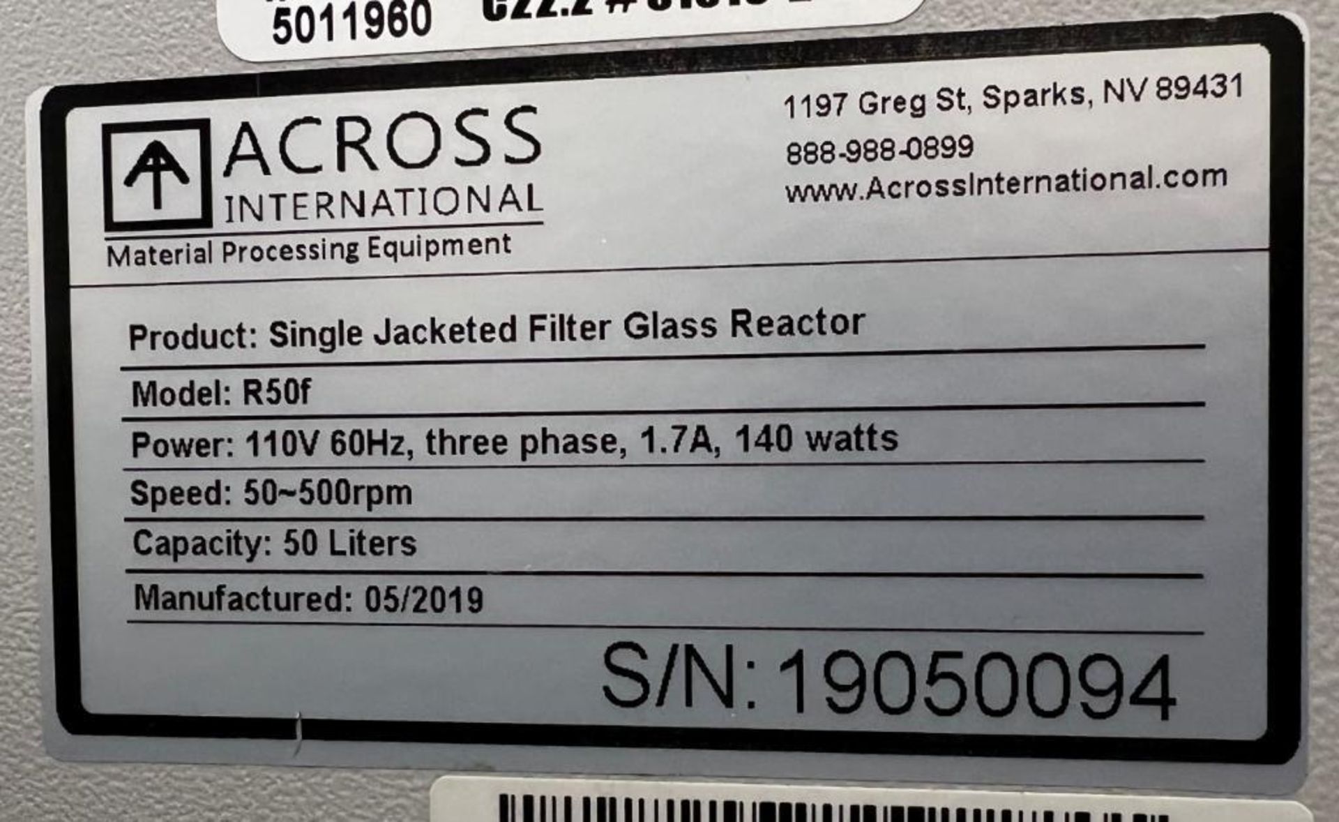 Across International 50L Jacketed Glass Reactor, Model R50F, Serial# 19050094, Built 2019. With agit - Image 13 of 15