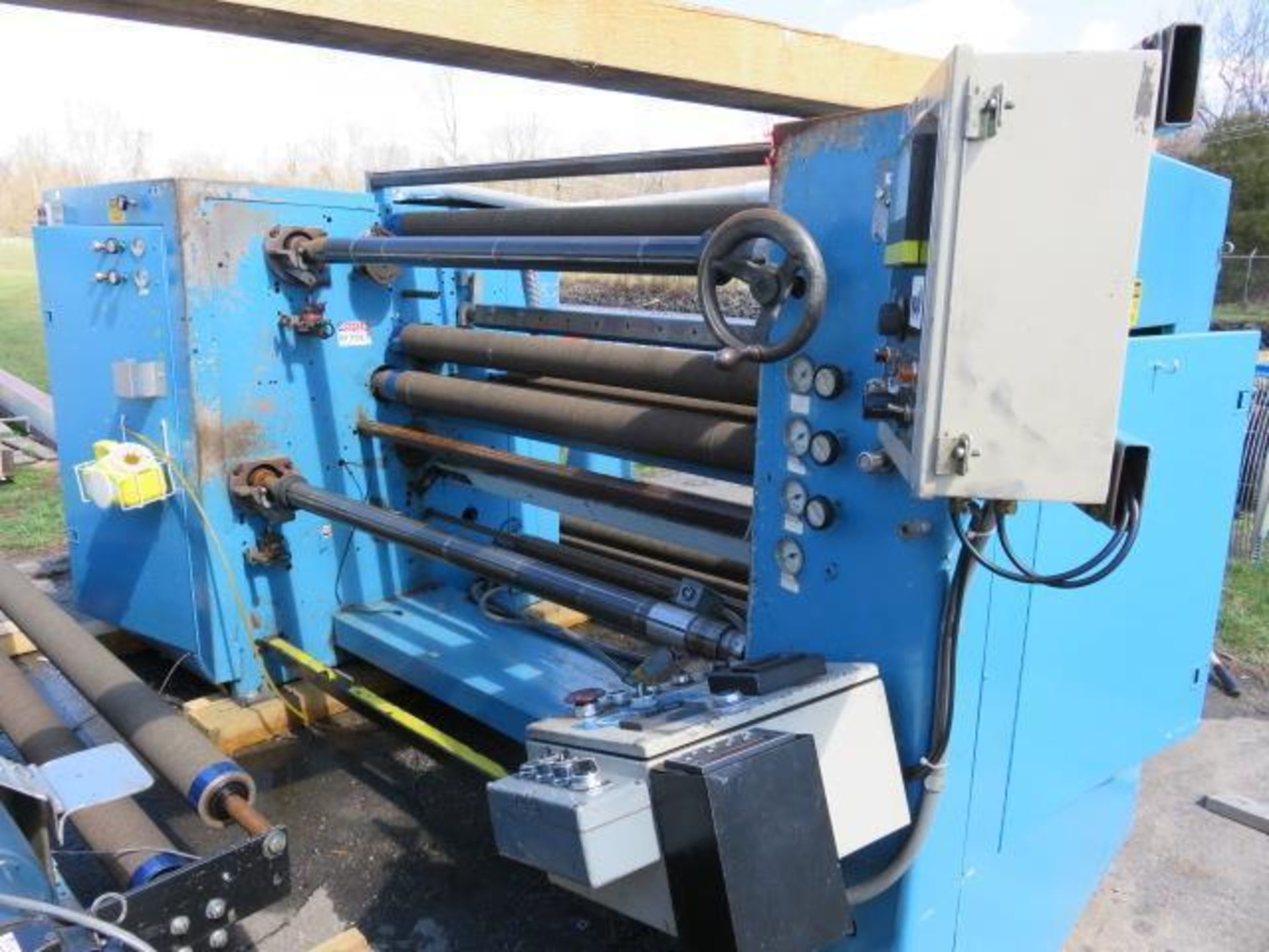 Used- Dusenbery 60" Slitter, Model 815 LR. Duplex design with 3" rewind shafts. 2 Motor design with