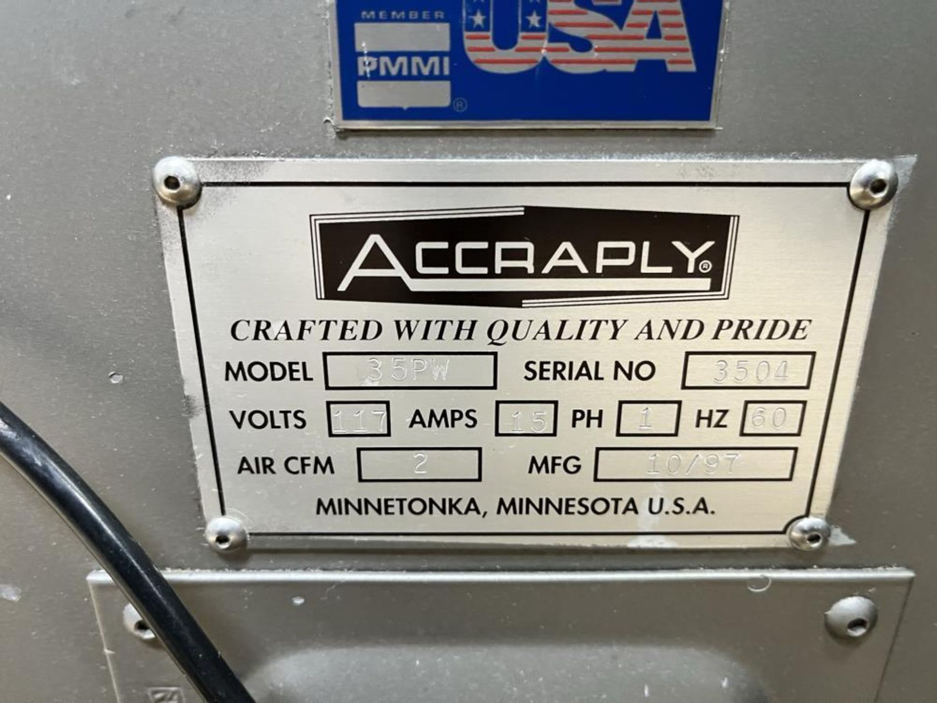 Used- Accraply Pressure Sensitive Wraparound Labeler, Model 35PW. Machine is rated for speeds up to - Image 10 of 10