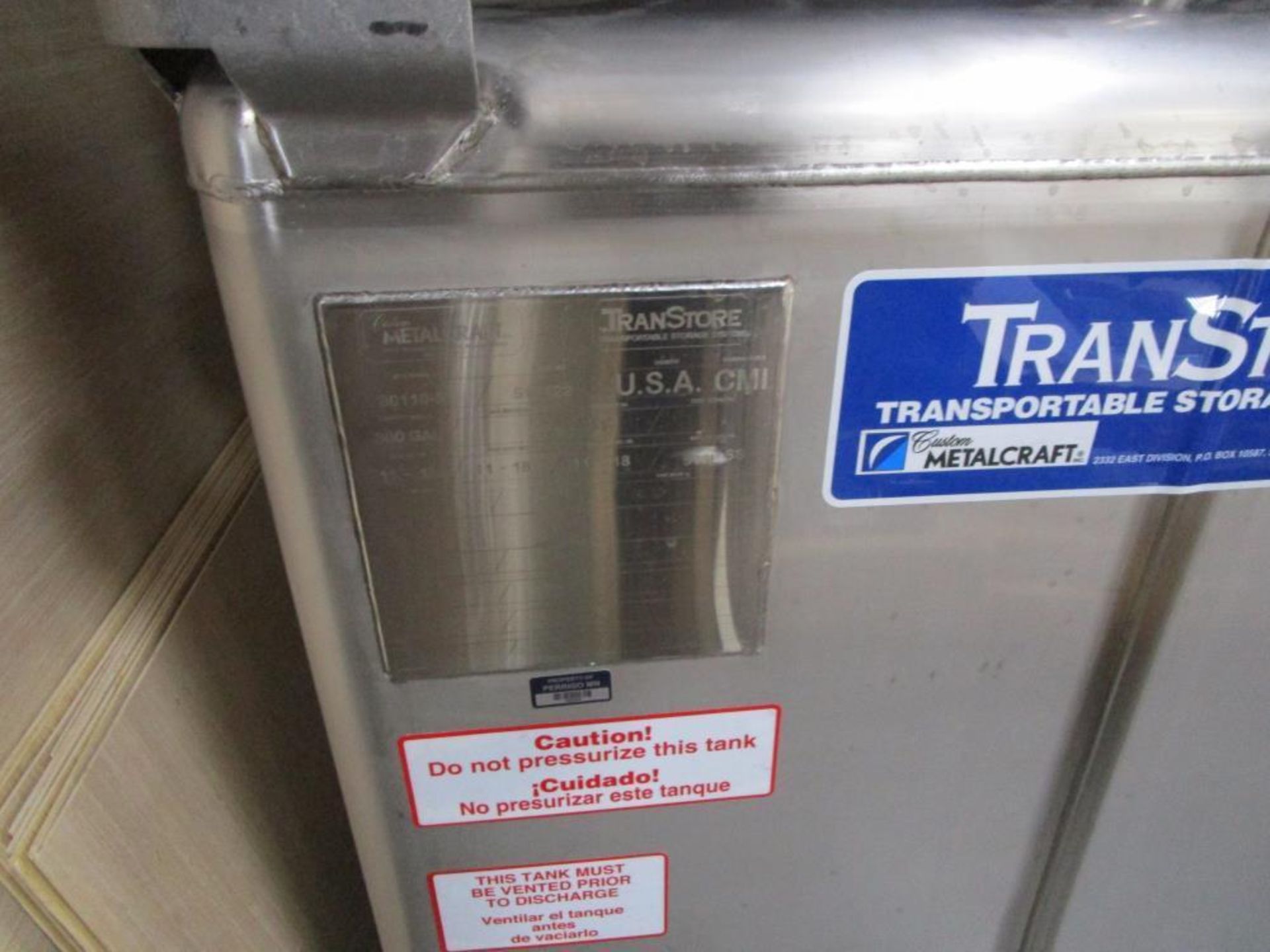 Unused- Transtore Metalcraft 300 gallon 316L Stainless steel storage bin. Mfg 2018. Stock Number 518 - Image 2 of 4