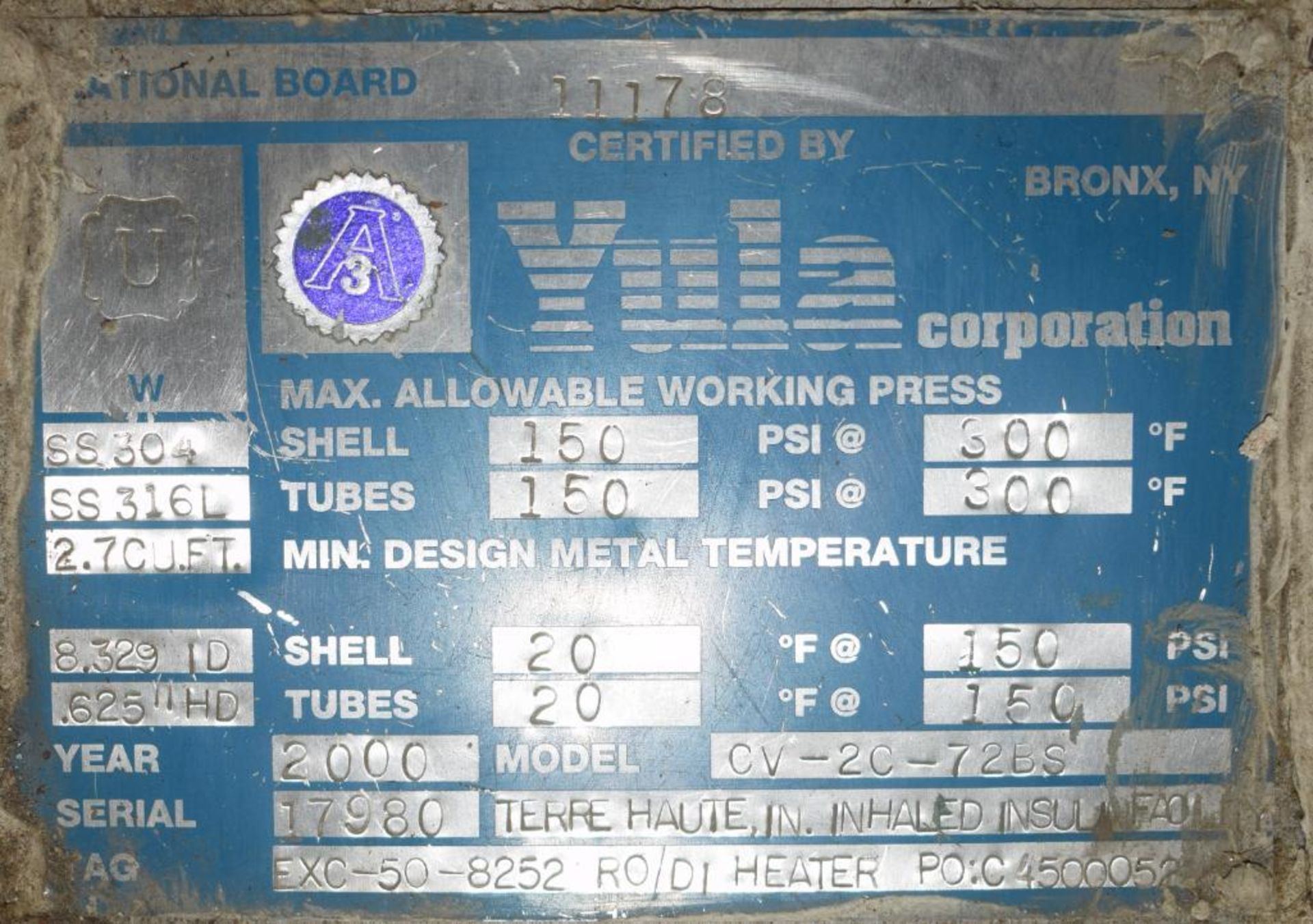 Yula U Tube Heat Exchanger, Approximate 39 Square Feet, Model CV-2C-72BS, Horizontal. 304L Stainless - Image 7 of 7