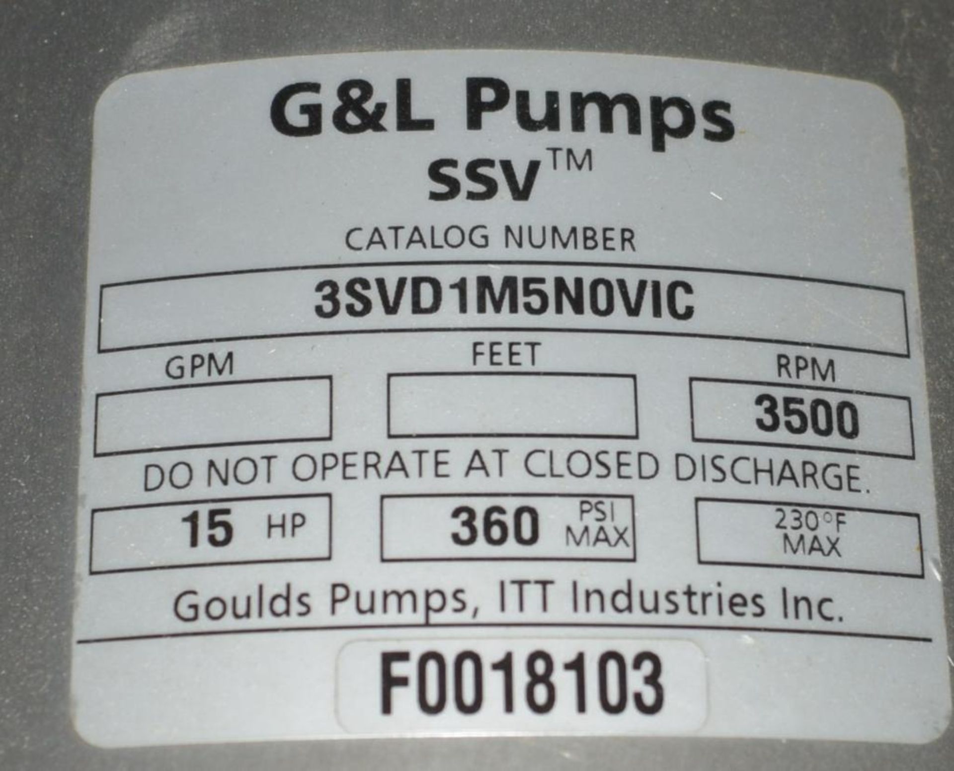 G&L SSV Vertical Pump, Catalog# 3SVD1M5N0VIC, Serial# F0018103. Driven by a 15hp motor. - Image 5 of 5