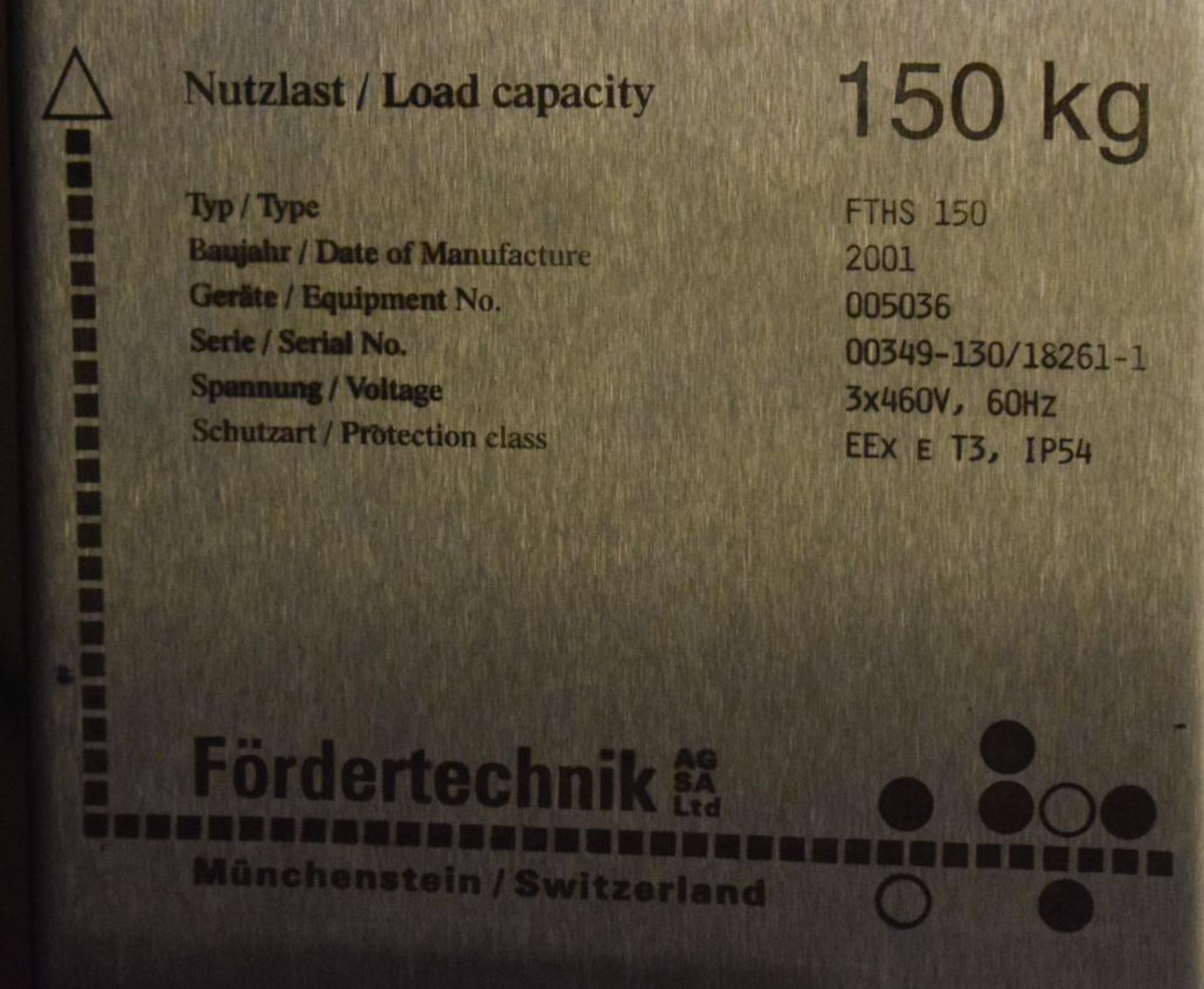 Fordertechnik MO Lift, Model FTHS-150, Serial# 00349-130/18261-1, Built 2001. Approximate 150kg capa - Image 8 of 10