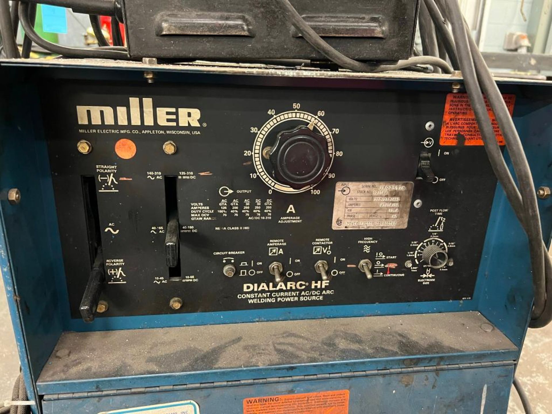 Miller AC/DC Arc Welder Model Dialarc HF, S/N JF923178, with Miller Coolmate 4, (2) Tanks, all on (1 - Image 4 of 12