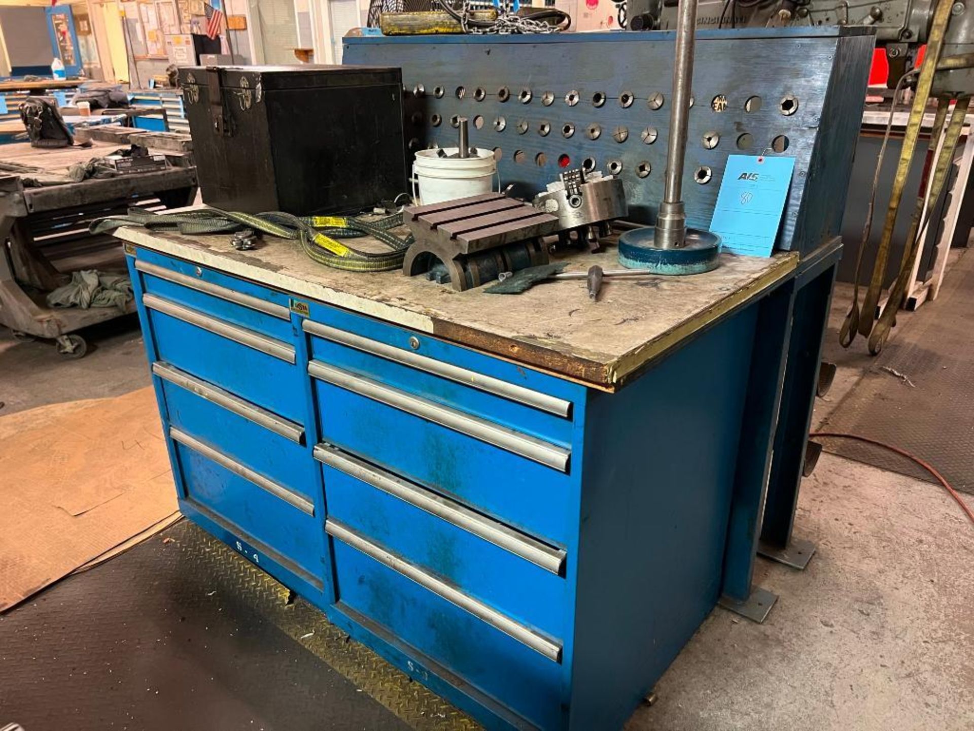 Lot: Wood Top Work Bench with (2) Lista Cabinets and Contents of Cabinets (*Lathe Tooling NOT INCLUD