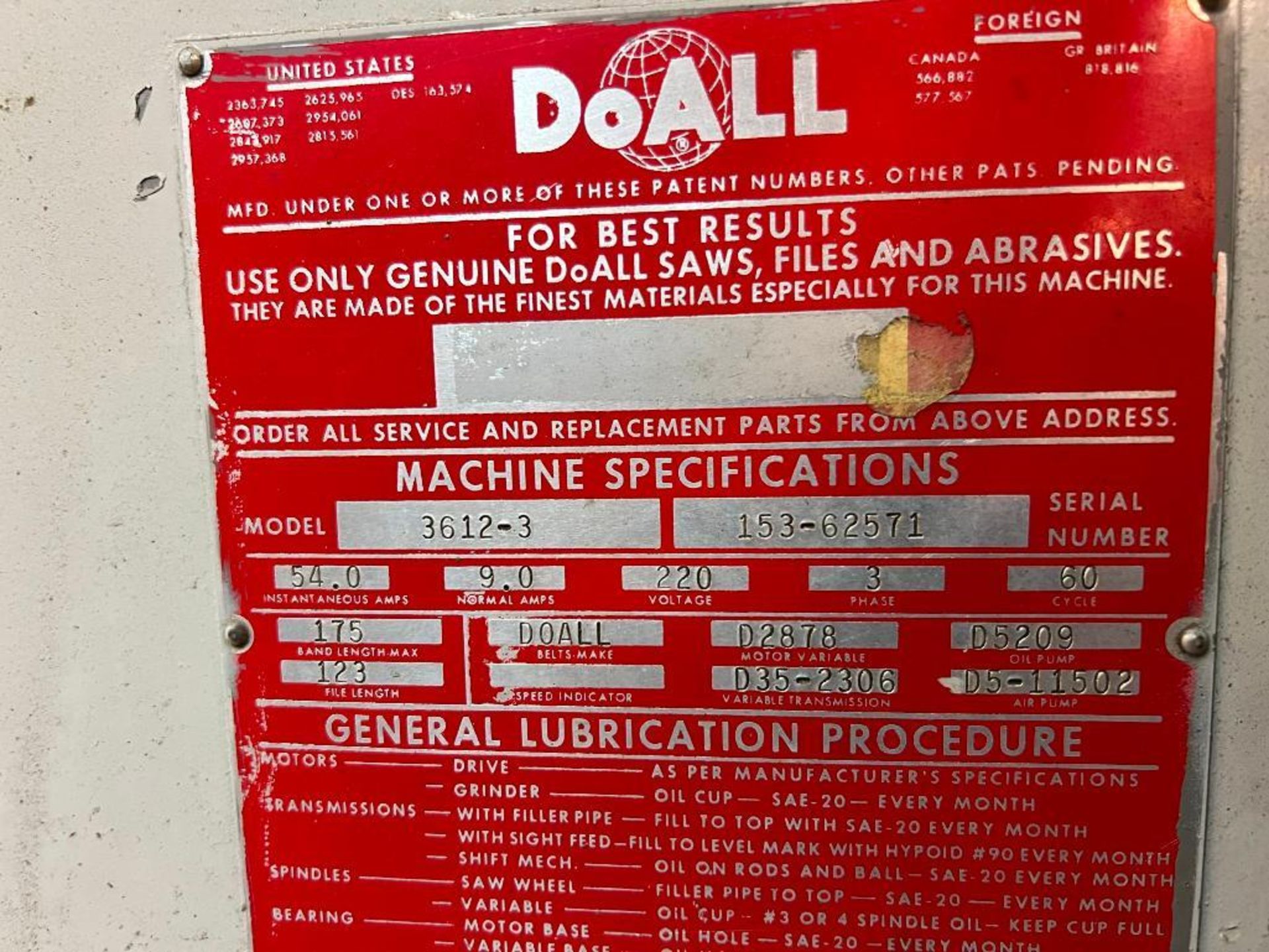 DoAll Vertical Bandsaw Model 3612-3, S/N 153-62571, with extra saw blades - Image 3 of 5