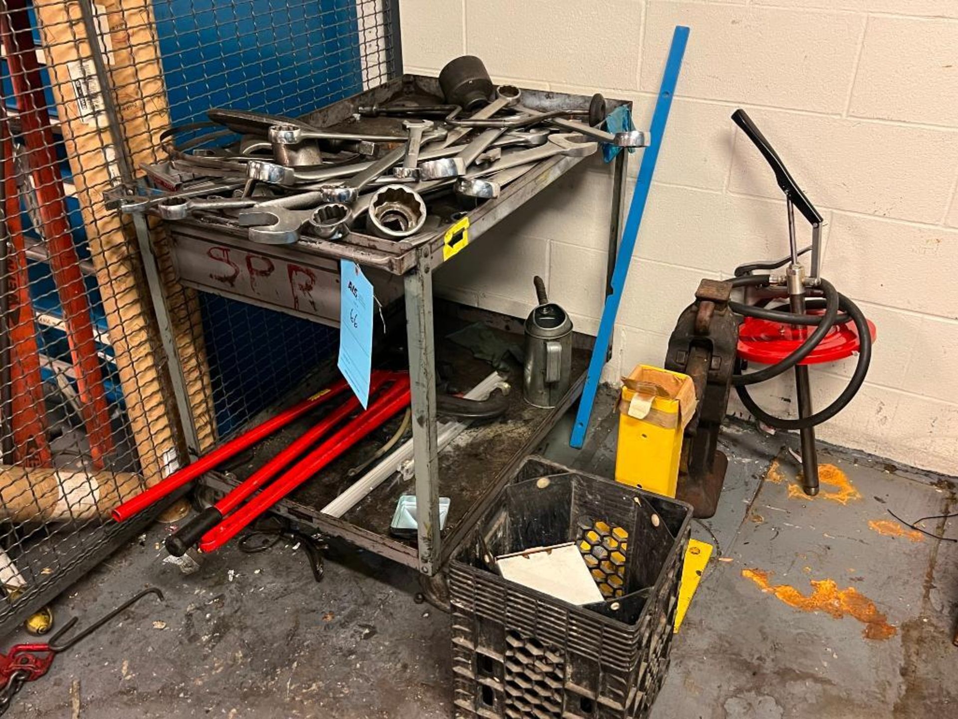 Lot: Metal Cart with Assorted Wrenches, Tools, Bolt Cutters, Manual Pump, and Misc. Contents