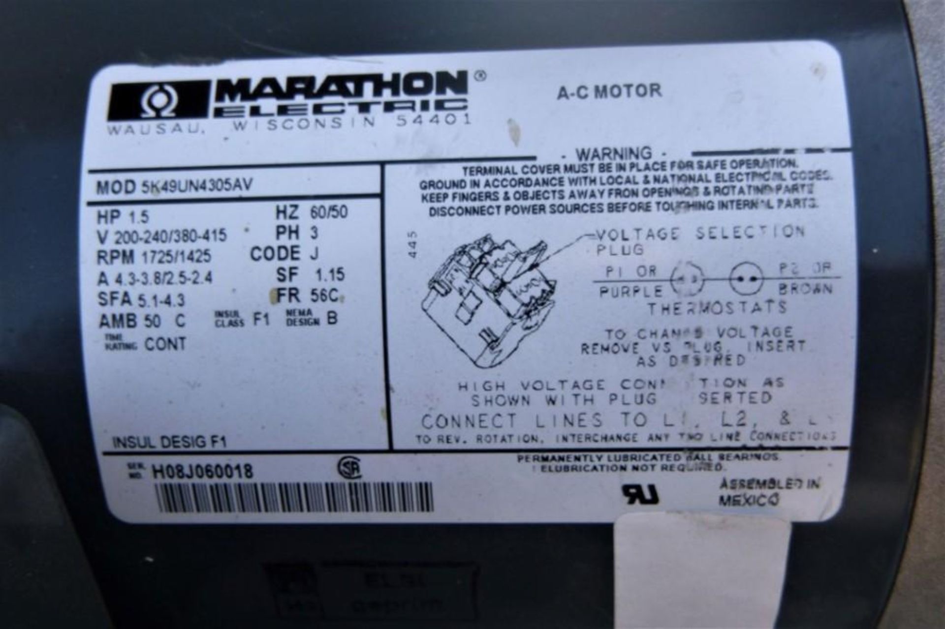 Motor, 1.5 HP, Marathon, 1725/1425 RPM Out, #C744064 (Loading Cost = $30) - Image 4 of 4