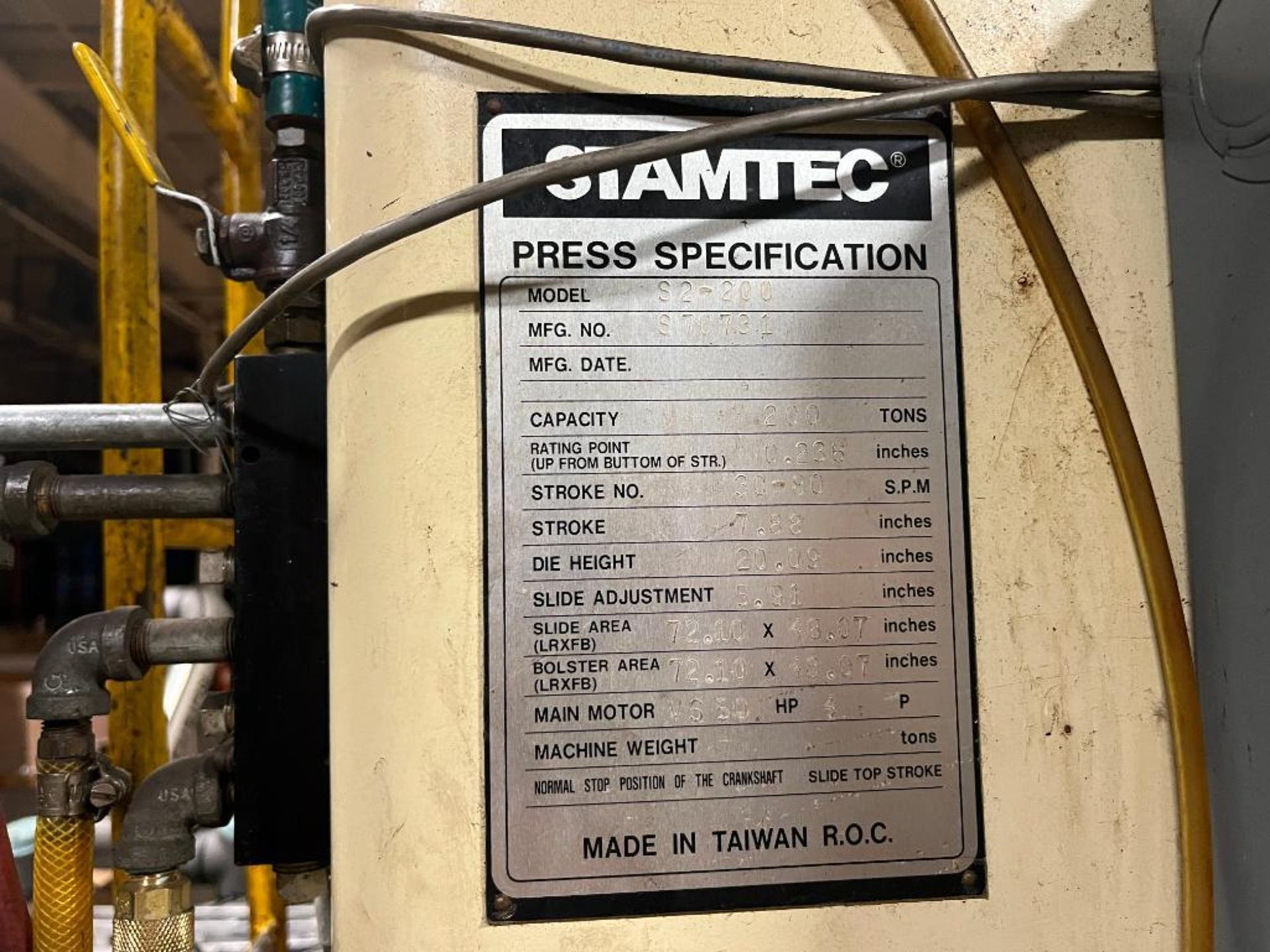 Stamtec 200 Ton Straight Side Double Crank Press, Model S2-200. S/N S70731. 7.88" Stroke, 5.91 Adjus - Image 10 of 11