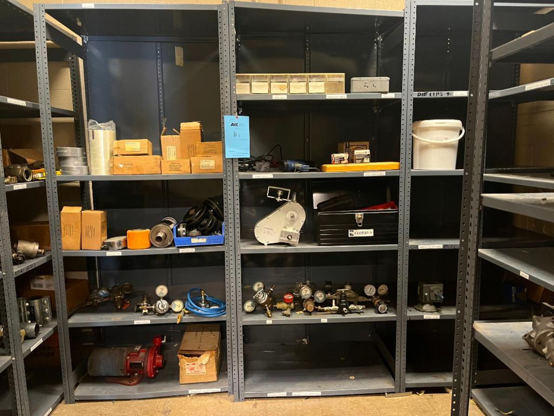 Steel Shelving & Cabint w/ Contents of Gas Regulators, pumps, caster wheels, hand tools, plumbing un