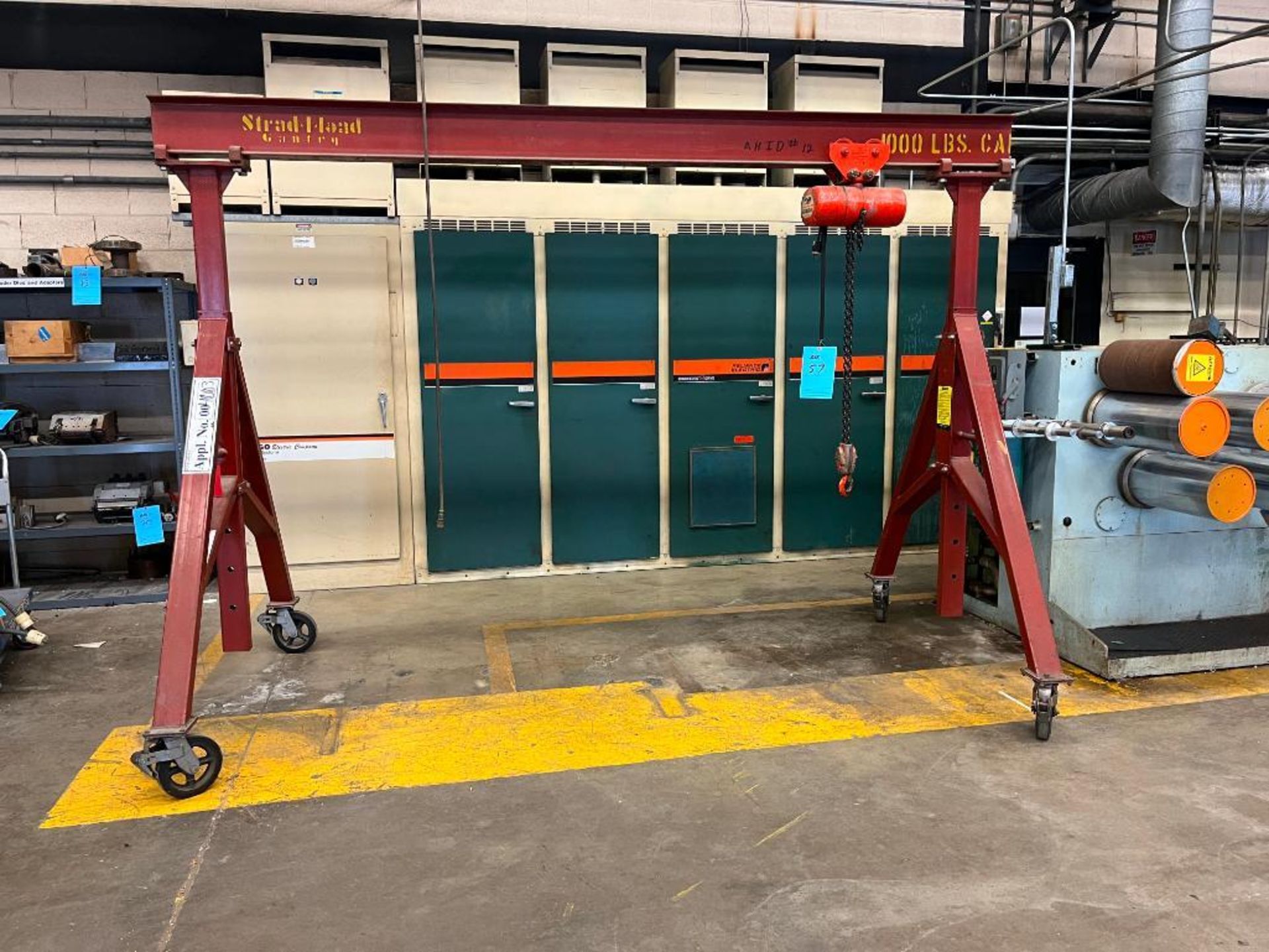 Strad-i-load 1/2 Ton Rolling Gantry 9' Wide w/ 1/2 Ton C&M Electric Chain Hoist w/ Pendant Control