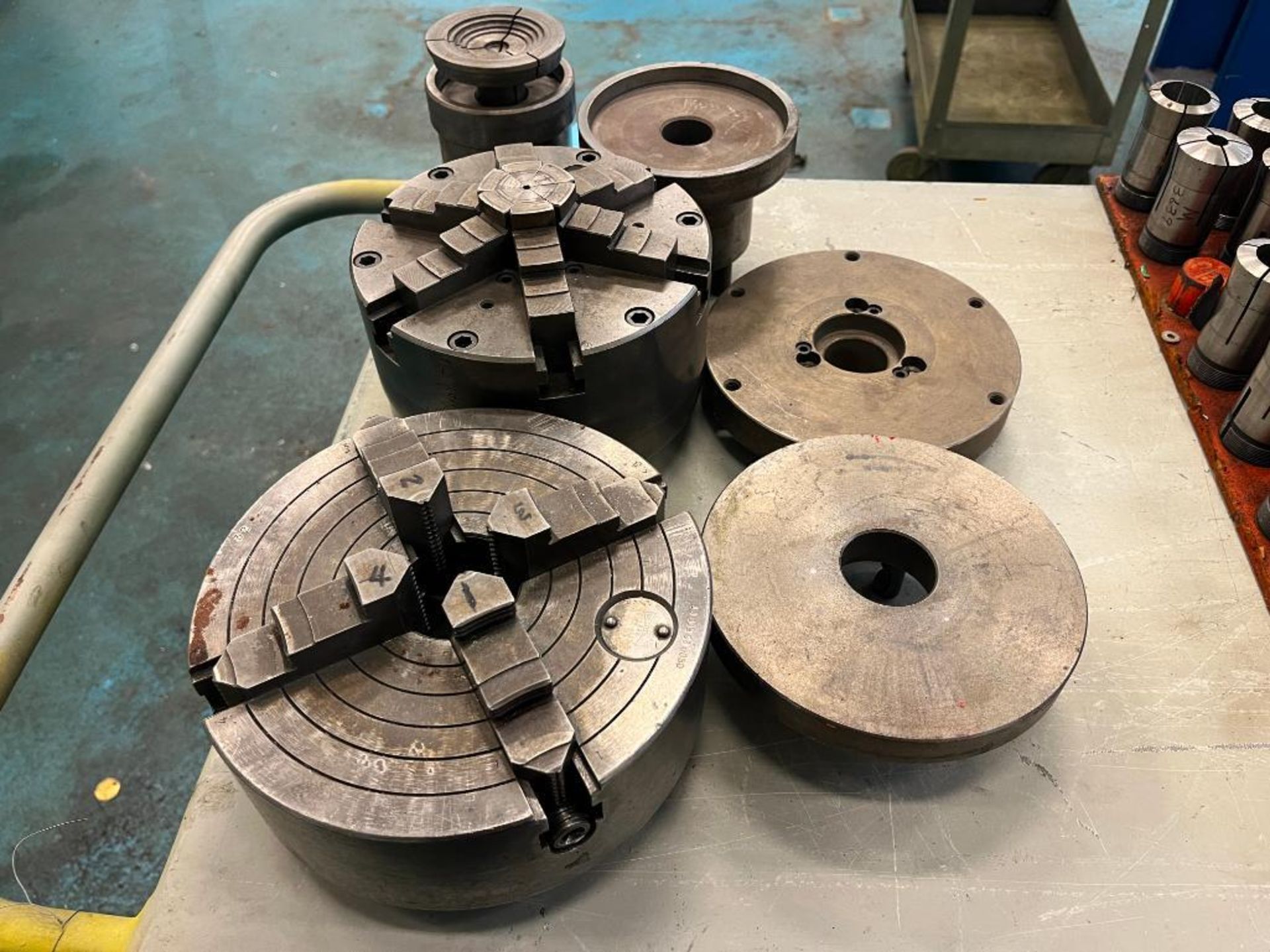 8" 4 Jaw Chuck, 7.5" 6 Jaw Chuck, Face Plates & Collet chuck - Image 2 of 3