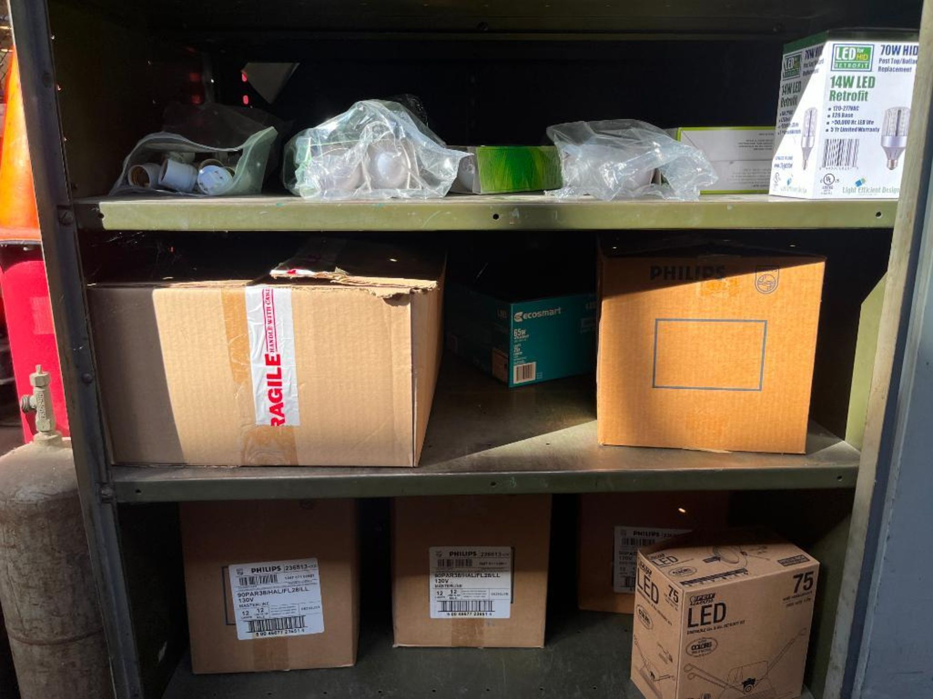 Large Quantity of Breakers, Switches, Light bulbs, Batteries, & (3) Steel Cabinets - Image 4 of 19