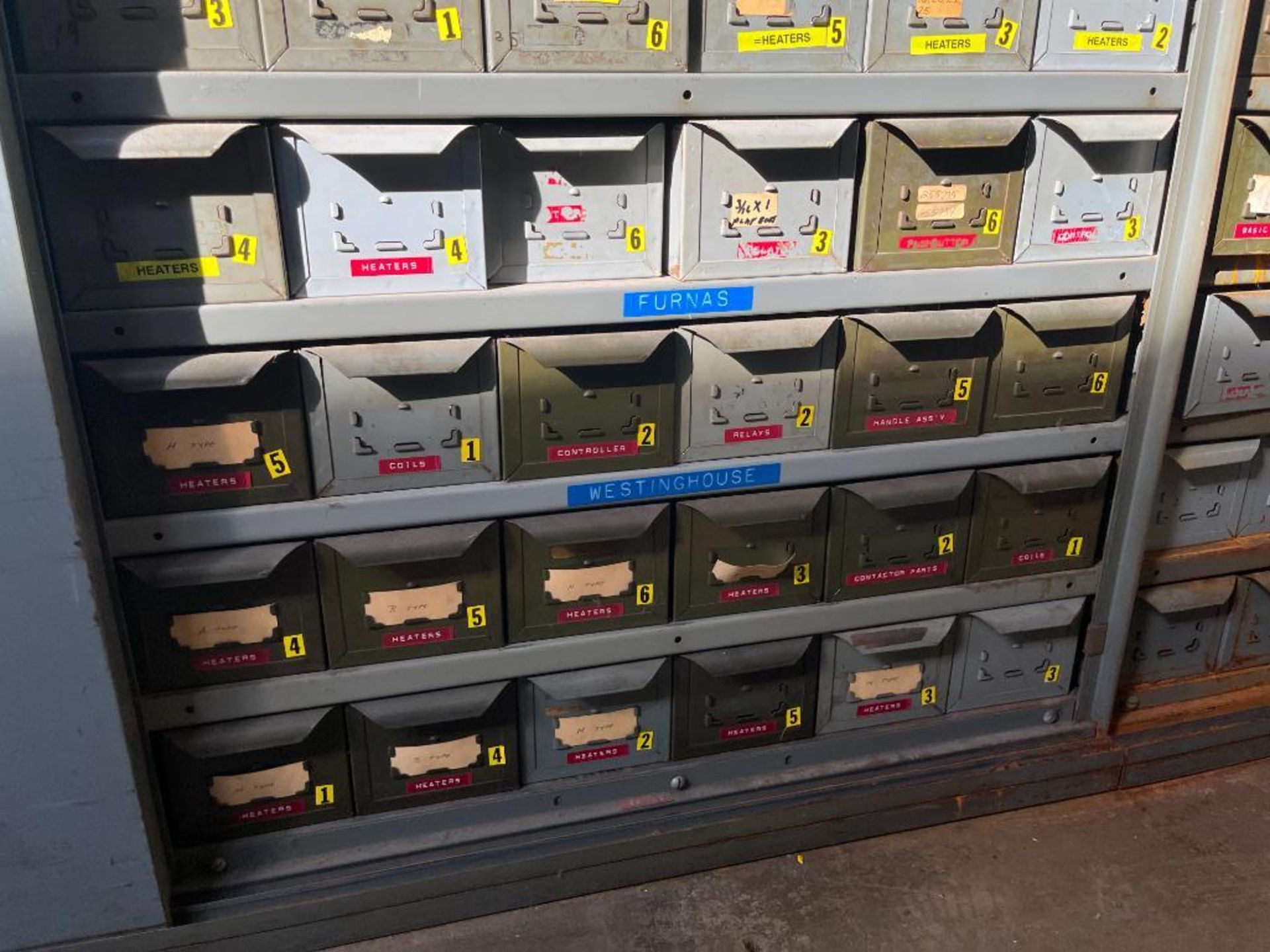 Large Quantity of Breakers, Switches, Light bulbs, Batteries, & (3) Steel Cabinets - Image 13 of 19